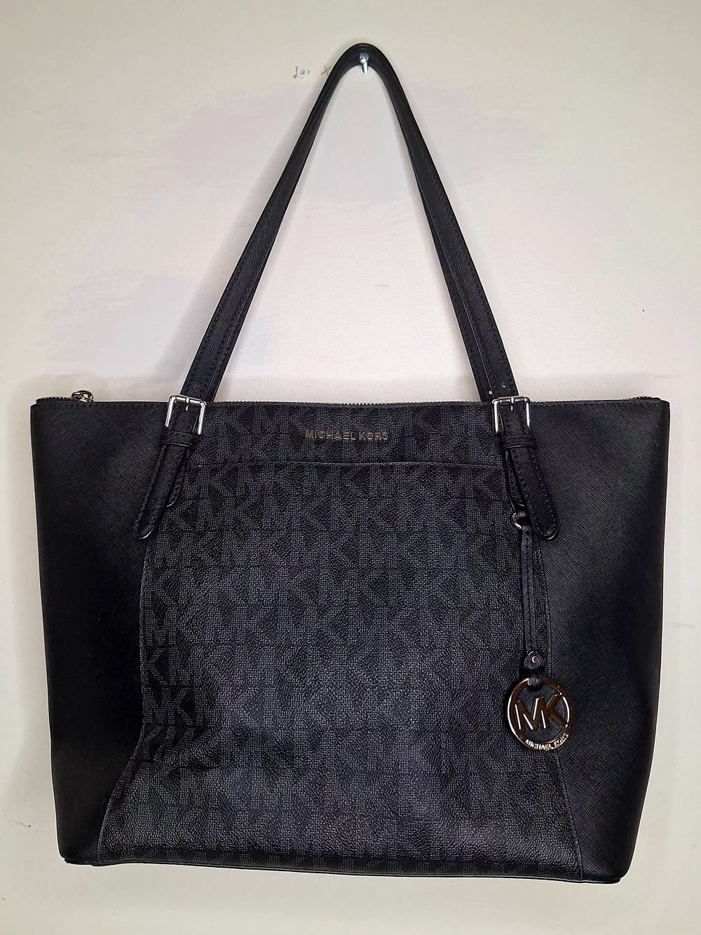 Michael Kors Black MK Signature Tote with Gold Charm